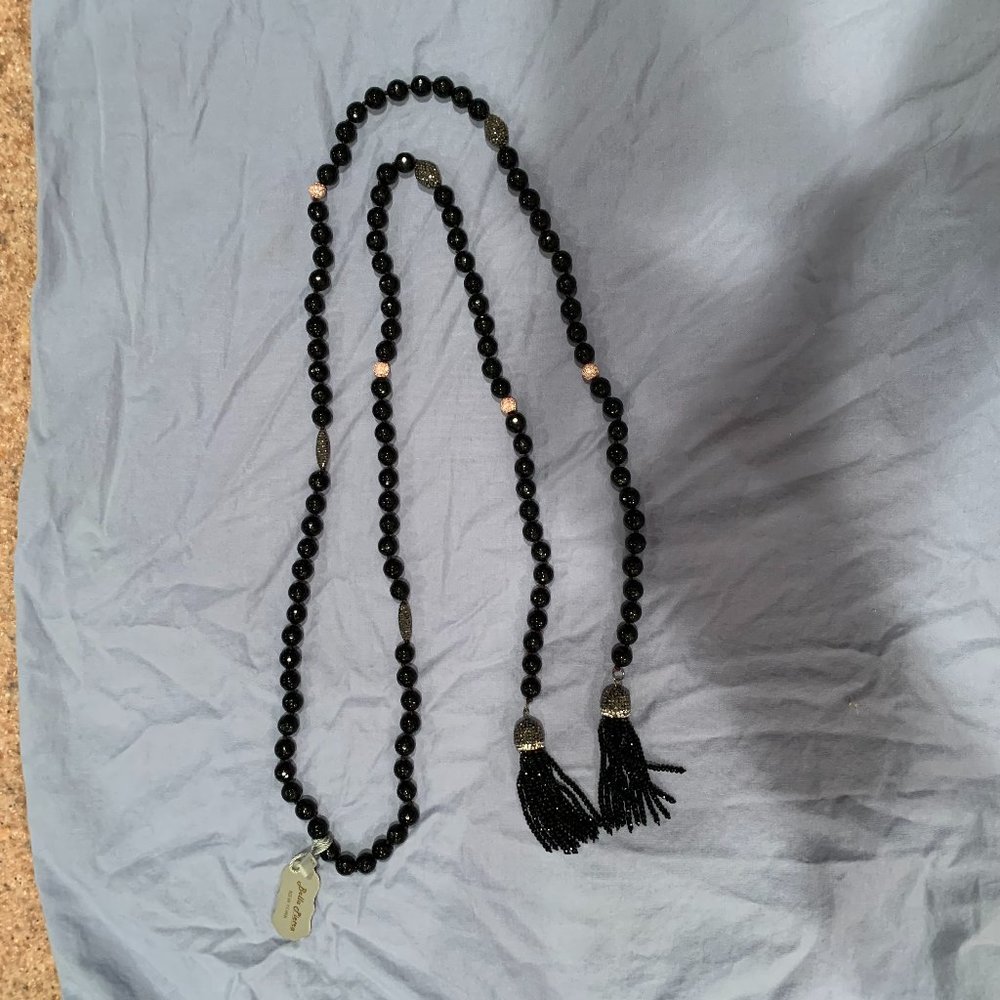Bella Pietra Black polished stone rope with gun metal & rose gold beads NWT